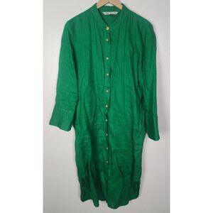 Zara Women's Sz. M 100% Green Long Sleeve Midi Linen Button Front Dress